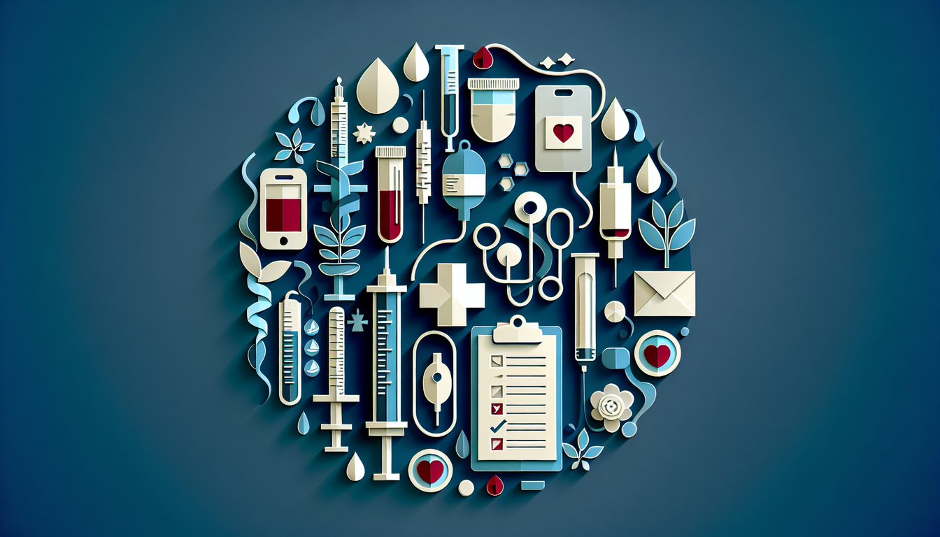 Paper art illustration of phlebotomy syringe and blood drop with medical terminology quiz text on dark blue background