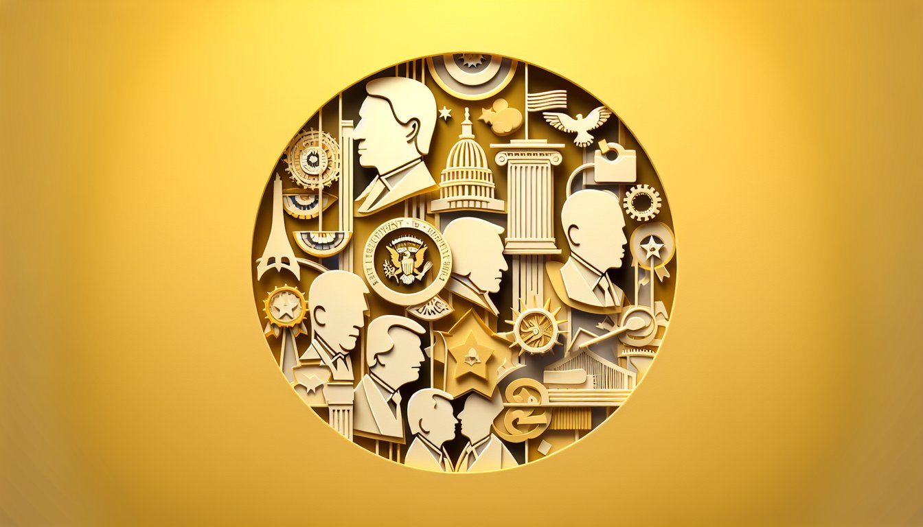 Paper art style Donald Trump silhouette with quiz elements question marks stars on golden yellow background.