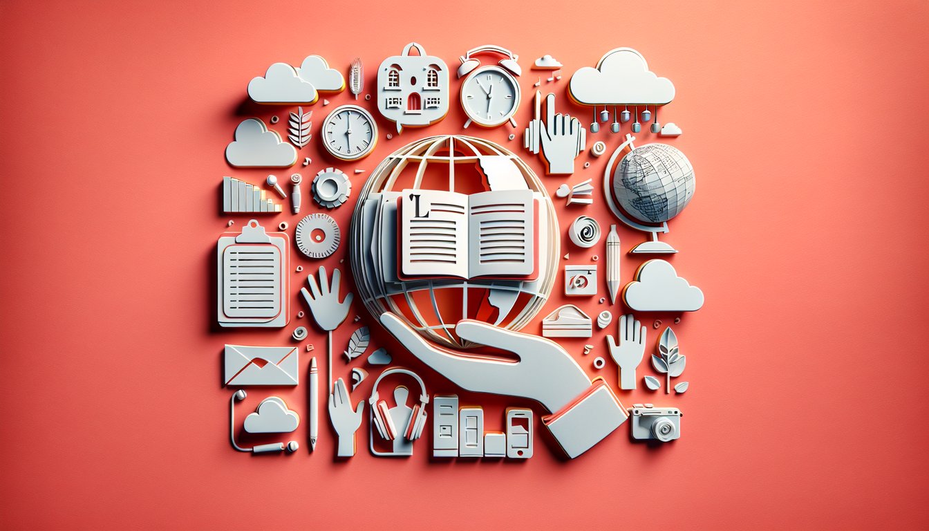 Paper art quiz scene on coral background featuring Spanish everyday action verbs icons challenging vocabulary skills