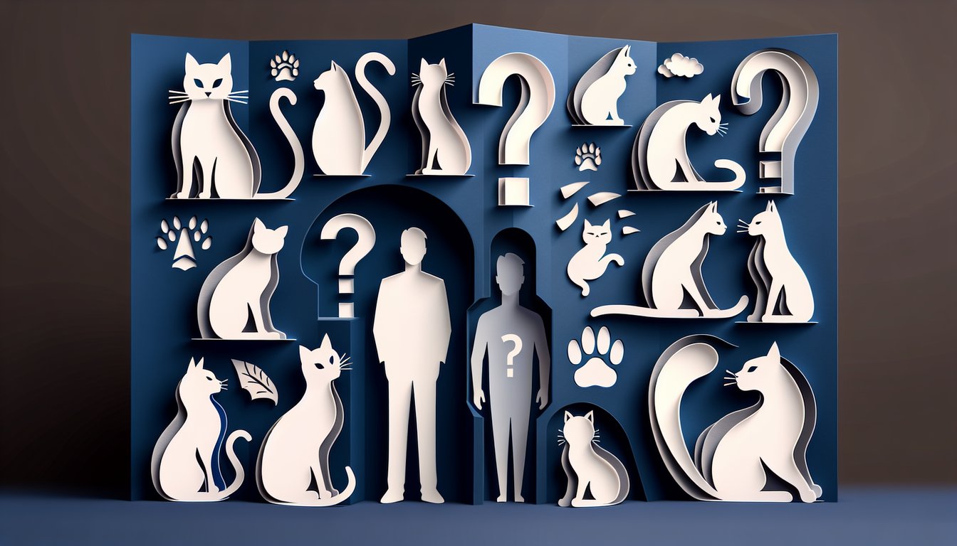 Paper art cat shapes and question mark icons around quiz title on dark blue background