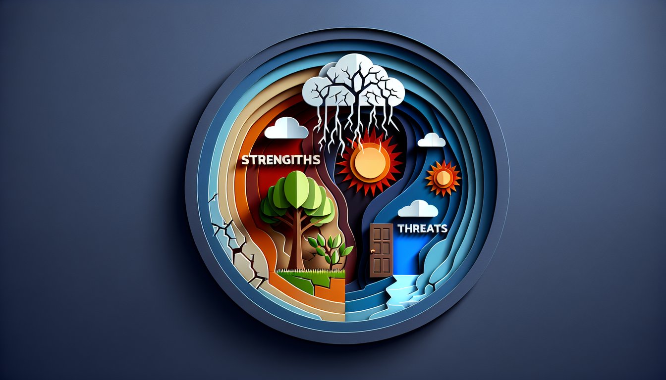 Paper art SWOT letters with icons for strengths weaknesses opportunities threats on dark blue background