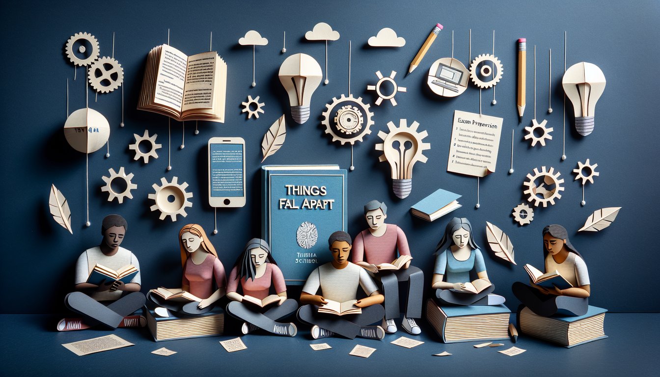 Paper art depicting trivia quiz for The Things Fall Apart novel study and exam preparation.