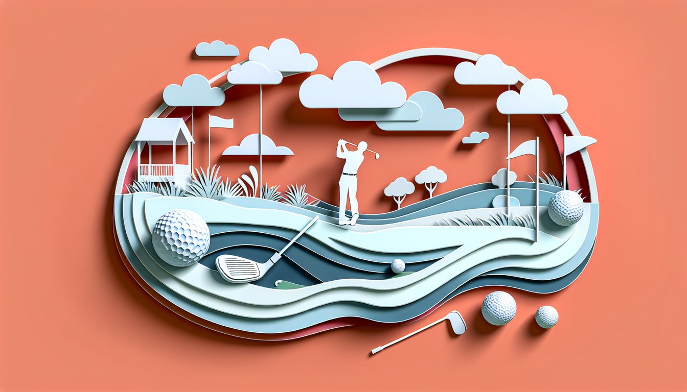 paper art illustration golfer swinging a club above rolling fairways and a flagstick on a coral background