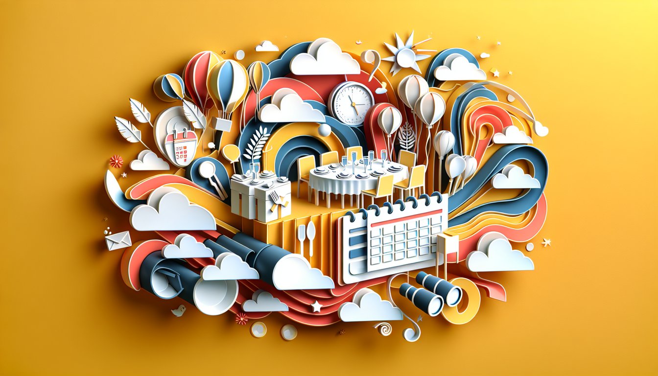 Paper art collage of event planning items on golden yellow background, highlighting free event management quiz challenge