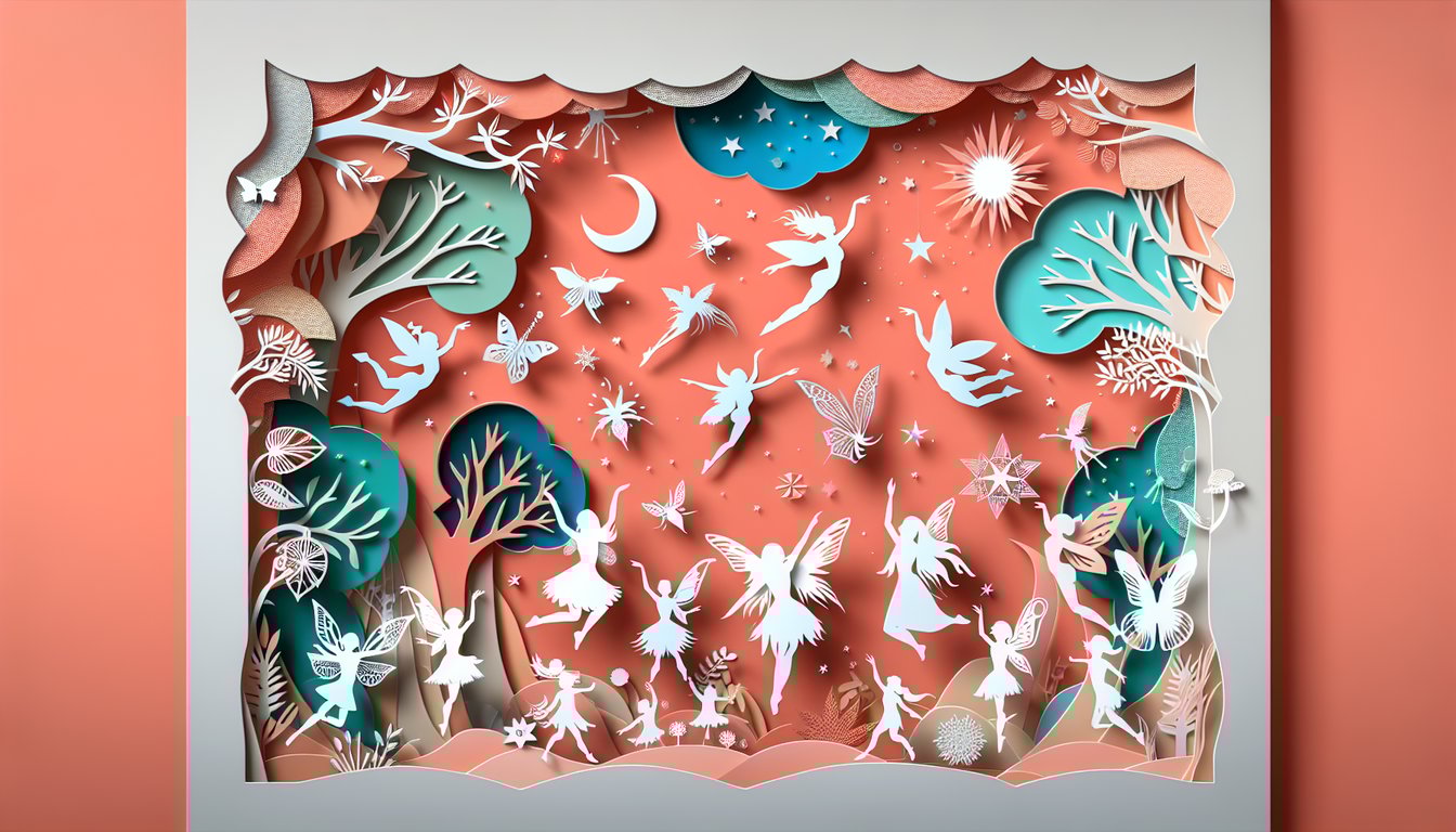 Paper art illustration of stylized fairies and quiz prompt for Winx Club personality match on coral background