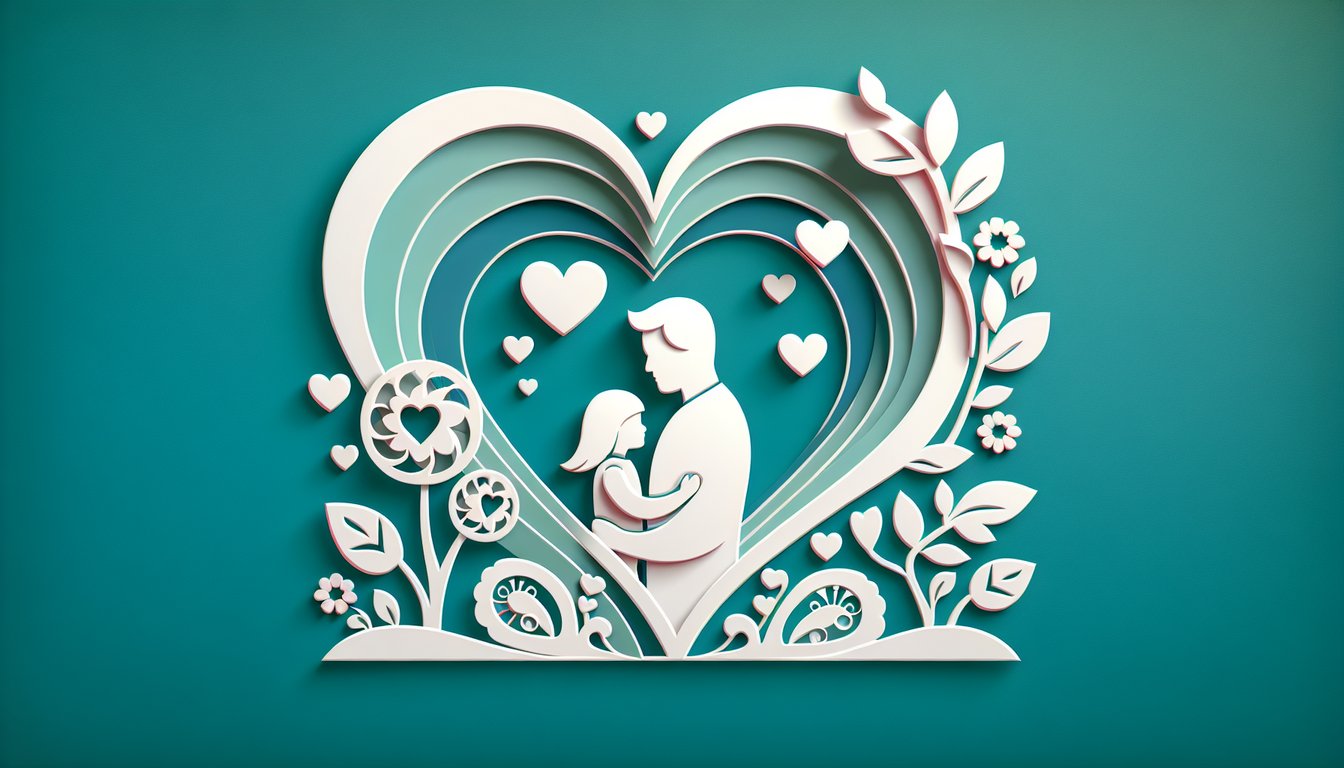 Mother and daughter paper art illustration with hearts quiz callout on teal background