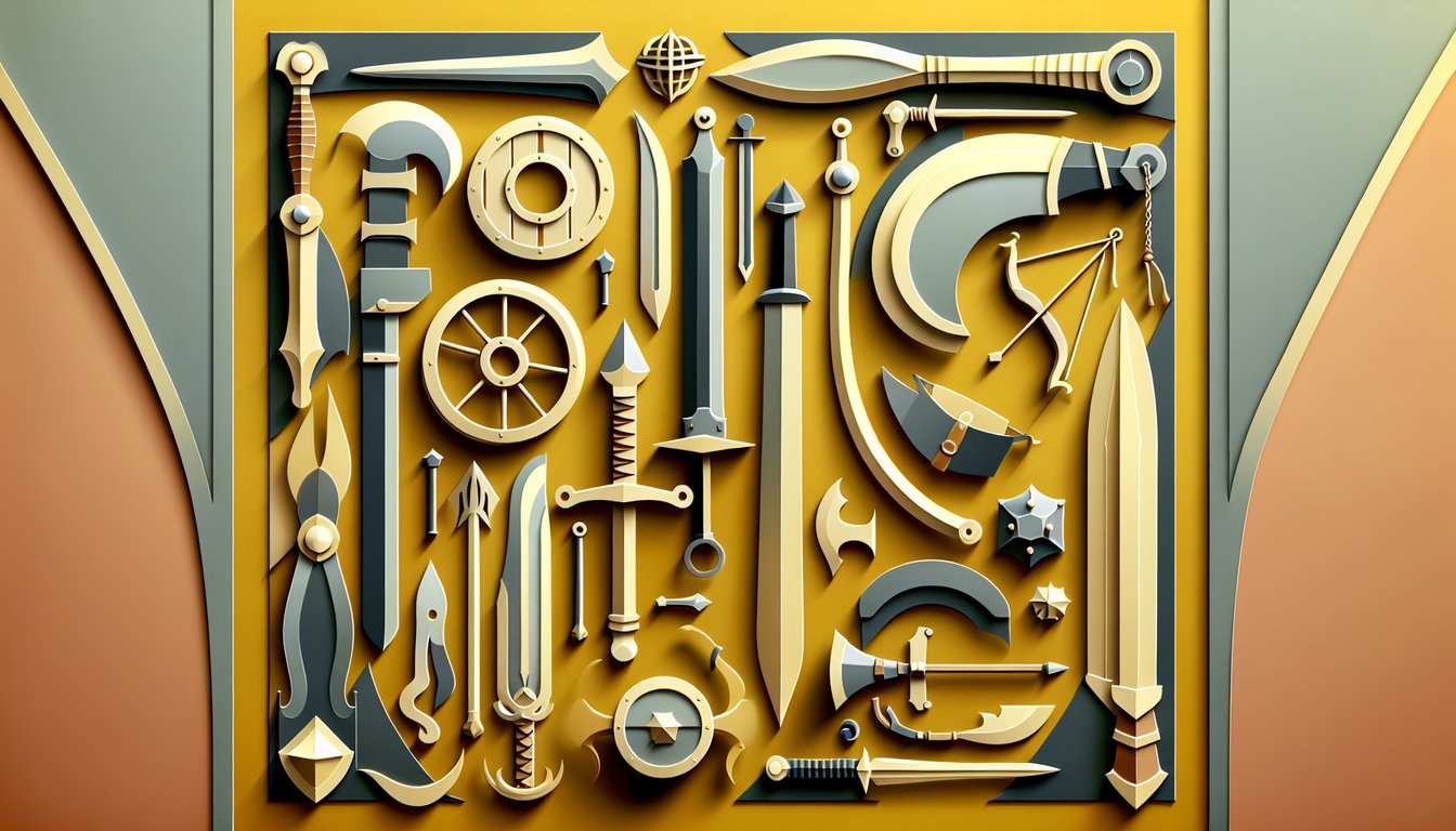 Paper art rendering of swords axes hammers shields spears on golden yellow background for medieval weapon quiz