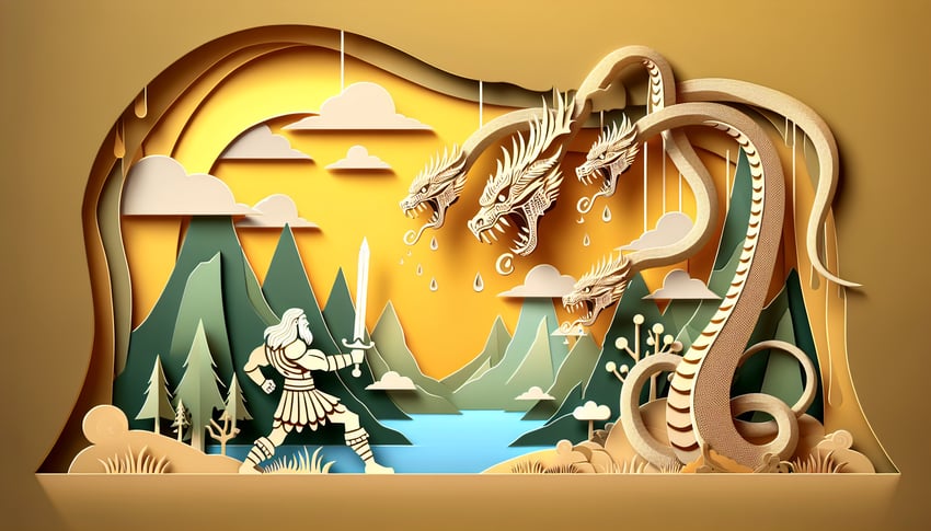 Paper art illustration of Kratos wielding blades facing the Chimera with Norse runes quiz text on golden yellow background
