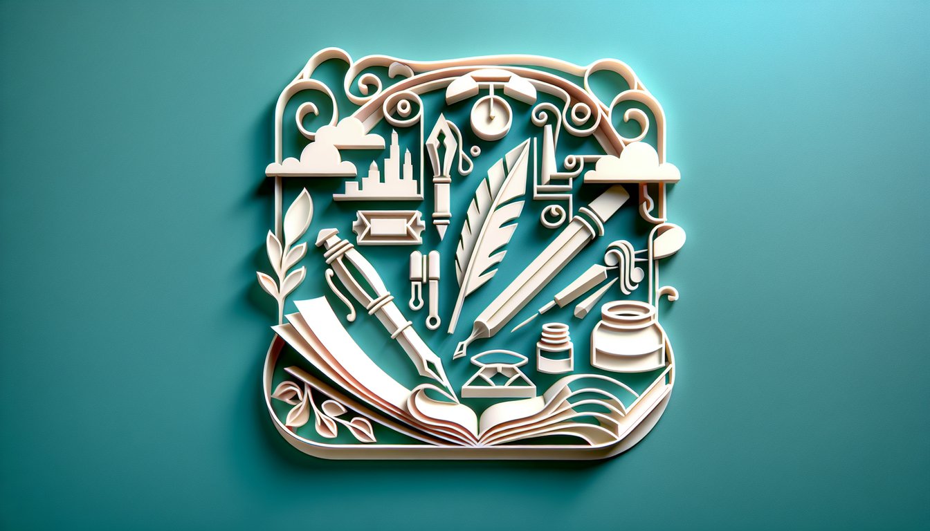 paper art quiz scene with question mark symbol, letters, pen, book on teal background