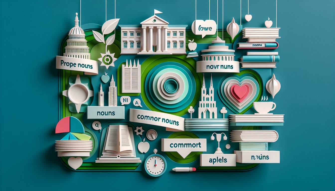 Paper art collage of books letters pencil on teal background inviting quiz on noun types proper common abstract collective.