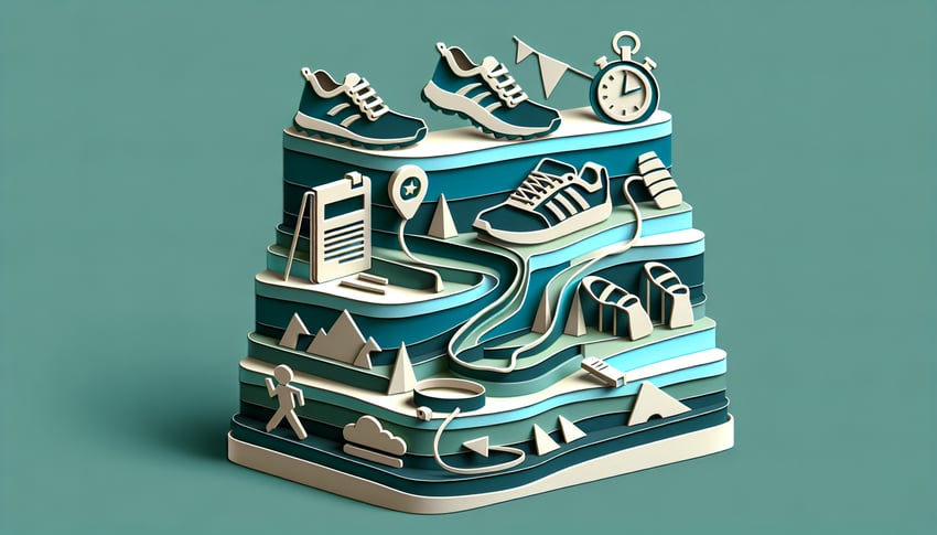 Paper art illustration for quiz testing knowledge on Brooks running shoes on a teal background