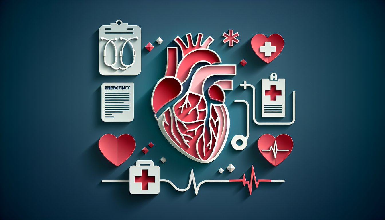 Paper art style heart chest pain quiz banner with symptom icons and emergency signs on dark blue background