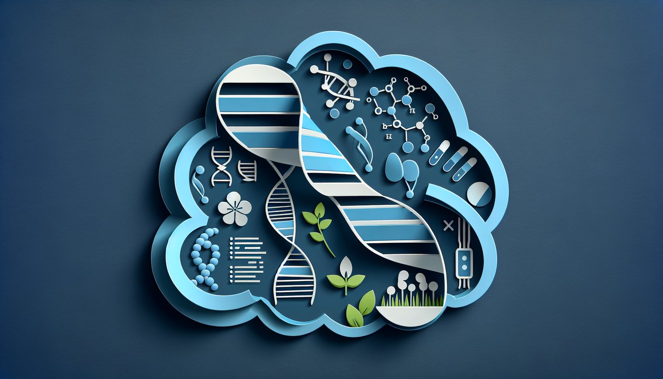 Paper art illustration of DNA strand protein helix genetics symbols on dark blue background for AP Bio quiz promotion