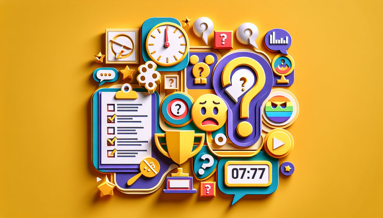 paper art illustration of quiz symbols on golden yellow background.