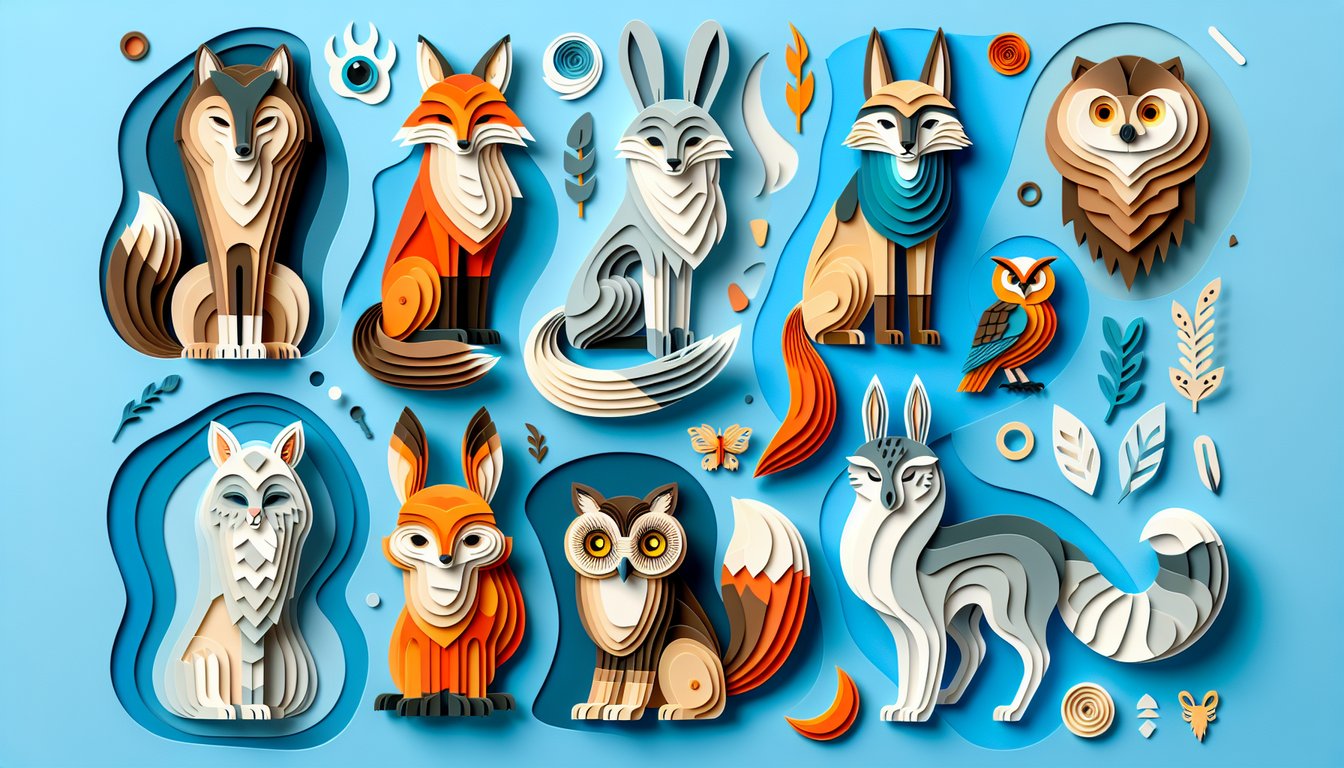 Paper art illustration for Fursona Personality Quiz with animal alter-egos on a sky blue background.