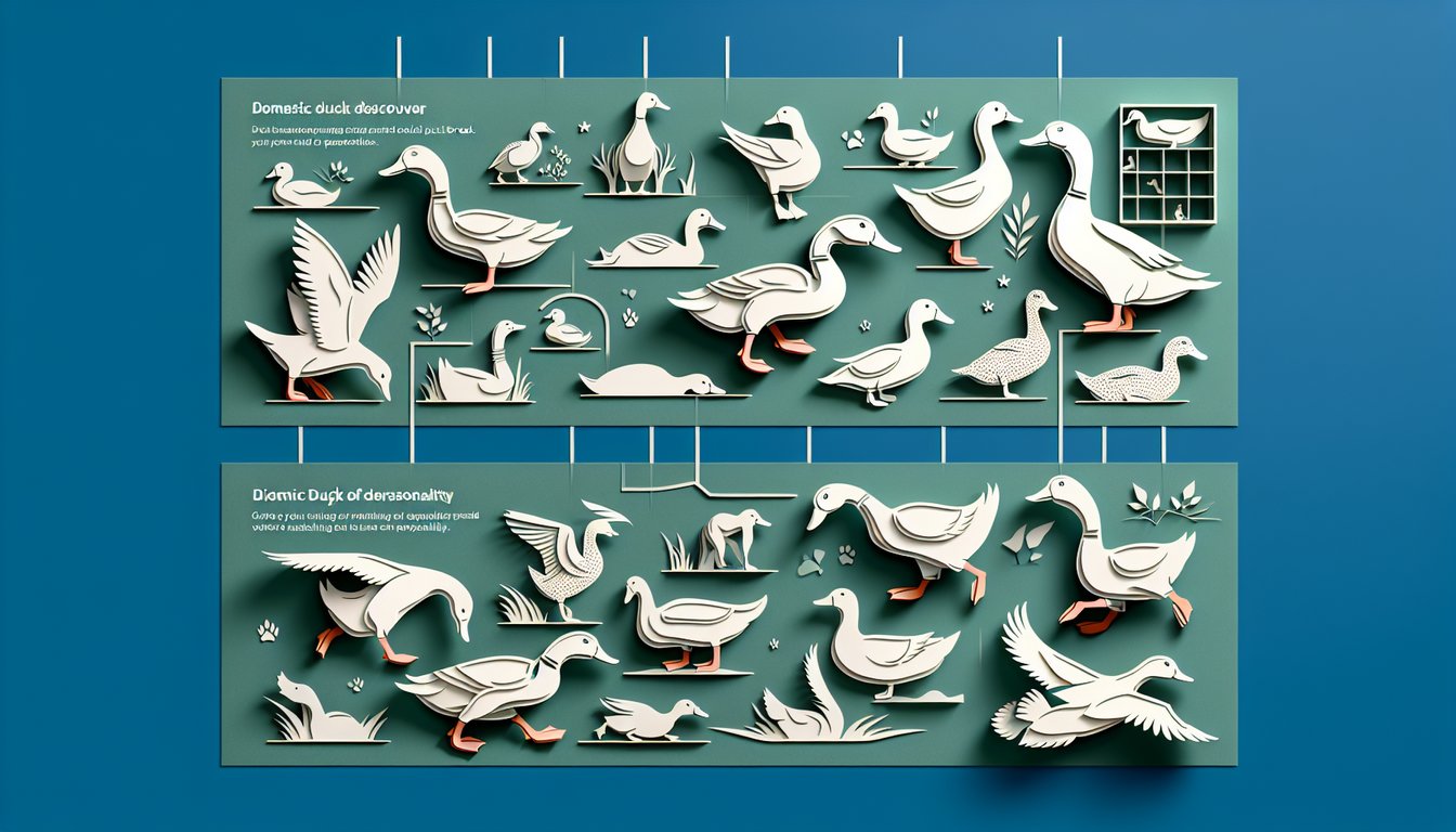 Paper art illustration for a duck breed personality quiz on a teal background