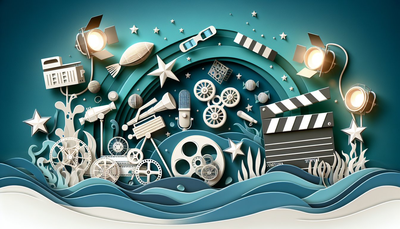 paper cut art quiz icons shells starfish goggles on teal background for a Karen Fraction seaQuest DSV trivia challenge
