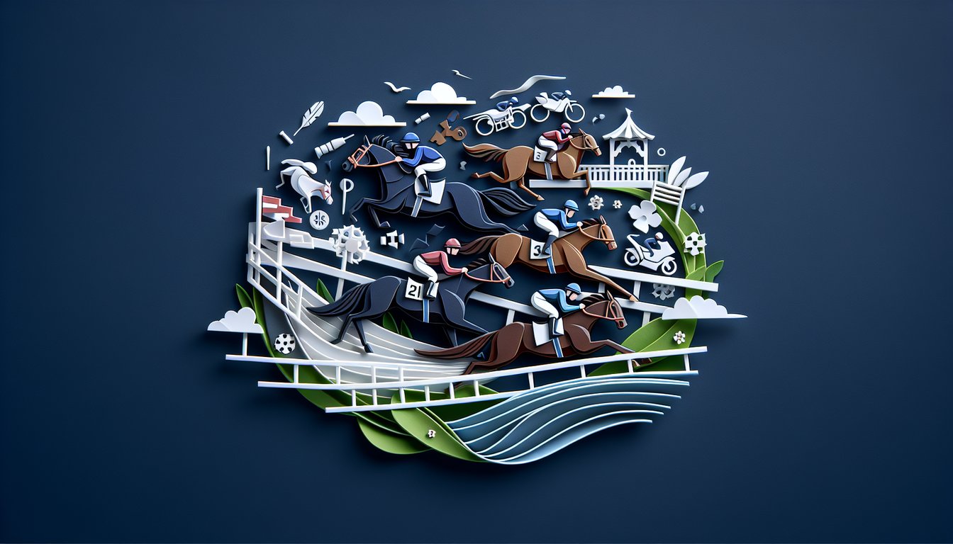 Paper art illustration of racing horse and jockey on dark blue background promoting free horse racing trivia quiz
