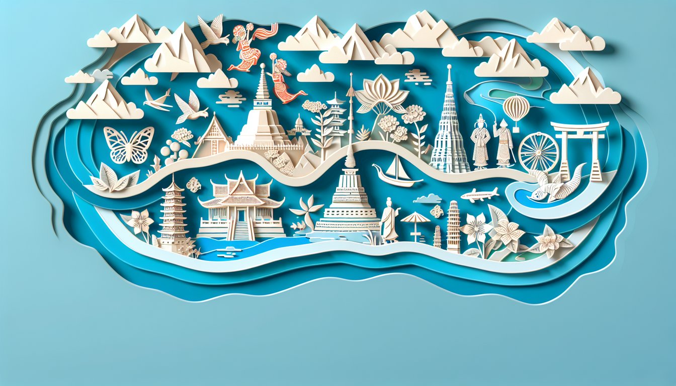 Paper art illustration showing stylized map of East Asia with pagoda dragon and waves on sky blue background