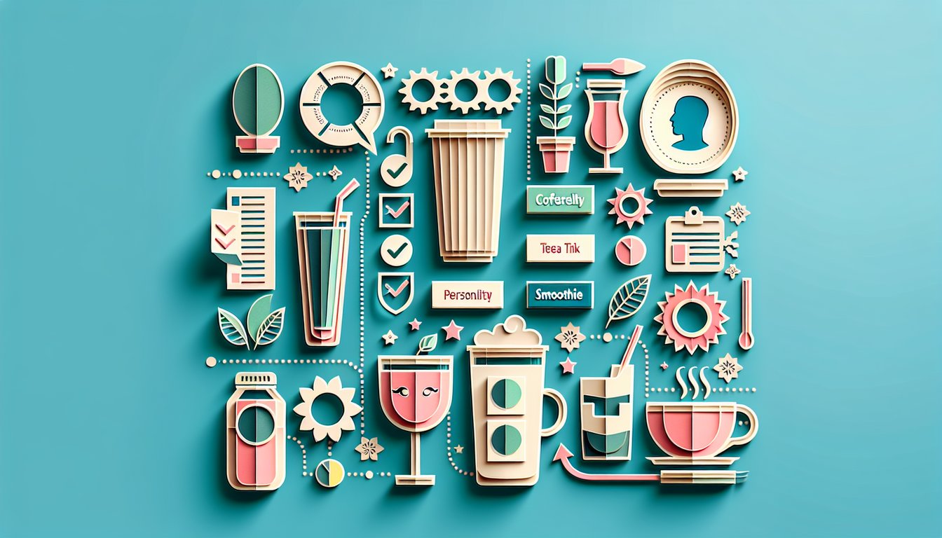 Paper art collage of Dunkin drinks and personality quiz elements on teal background