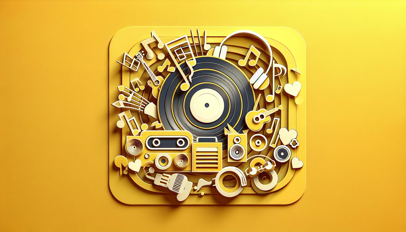 Paper art illustration with headphones music notes question marks on golden yellow background for music personality quiz