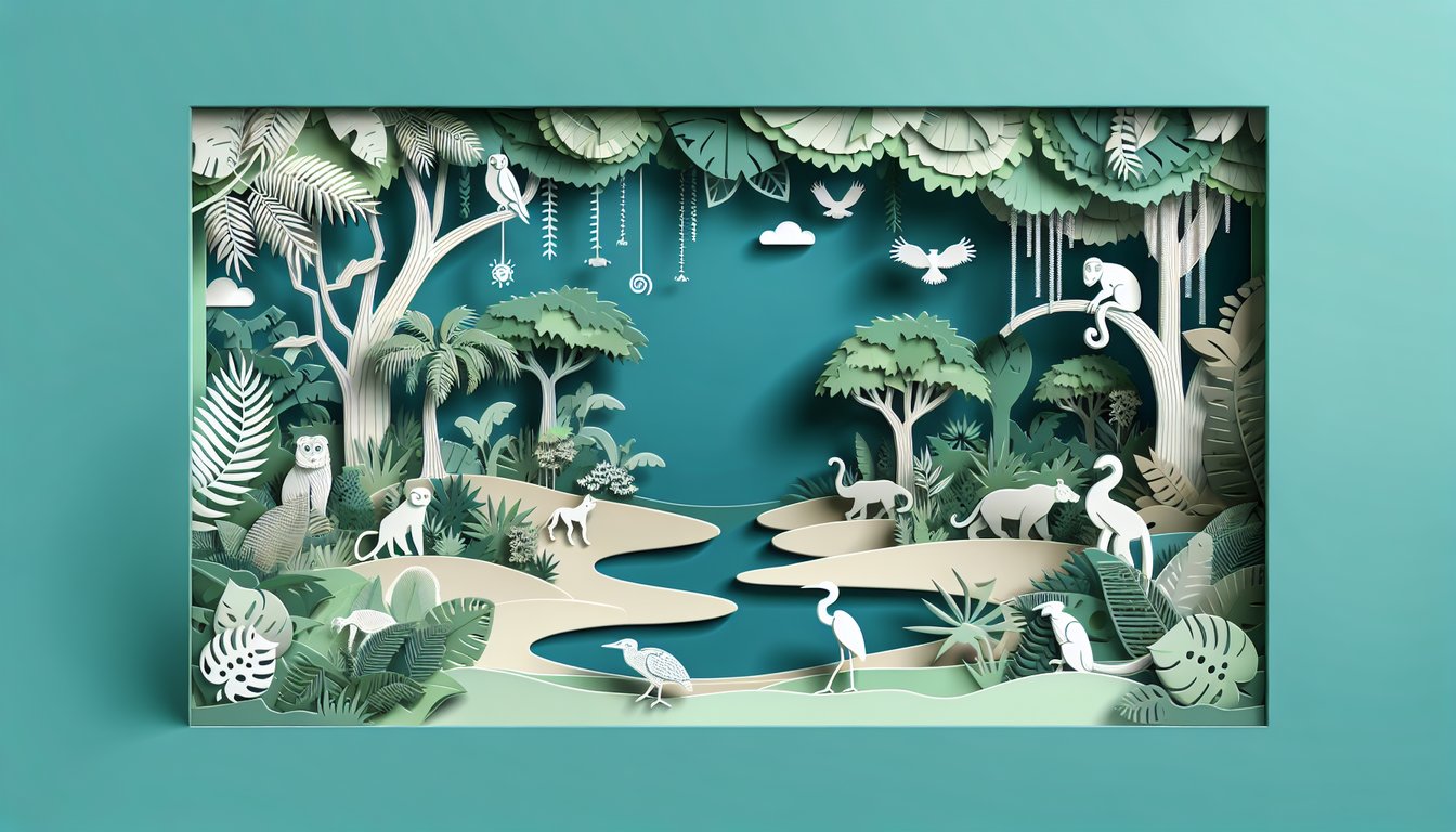 Paper art quiz illustration featuring jungle elements on a teal background