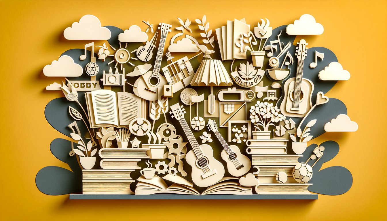 Paper art illustration for a hobby suggestion quiz on a golden yellow background