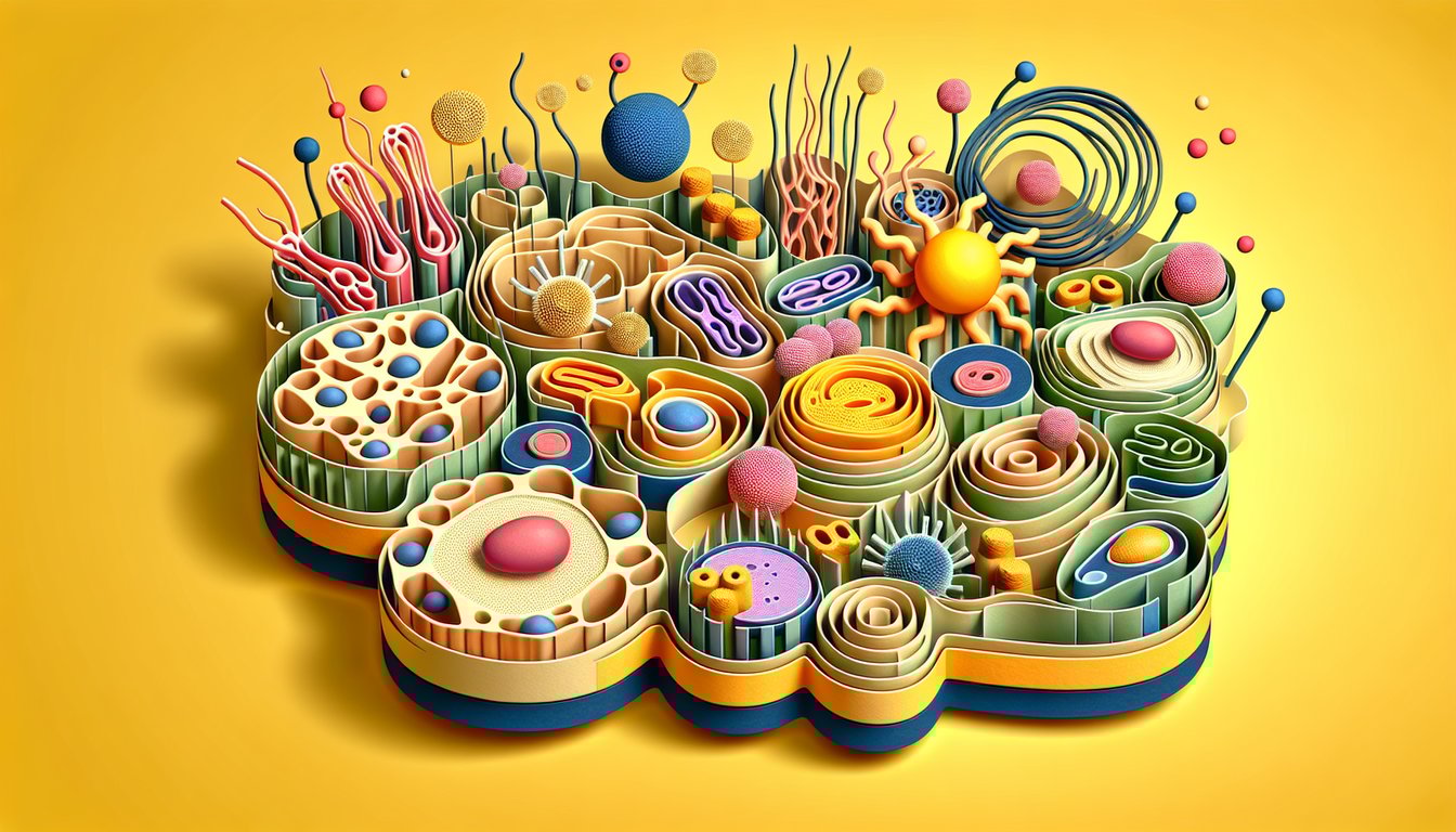 Paper art illustration of cell organelles for Chapter 6 cell biology quiz on golden yellow background