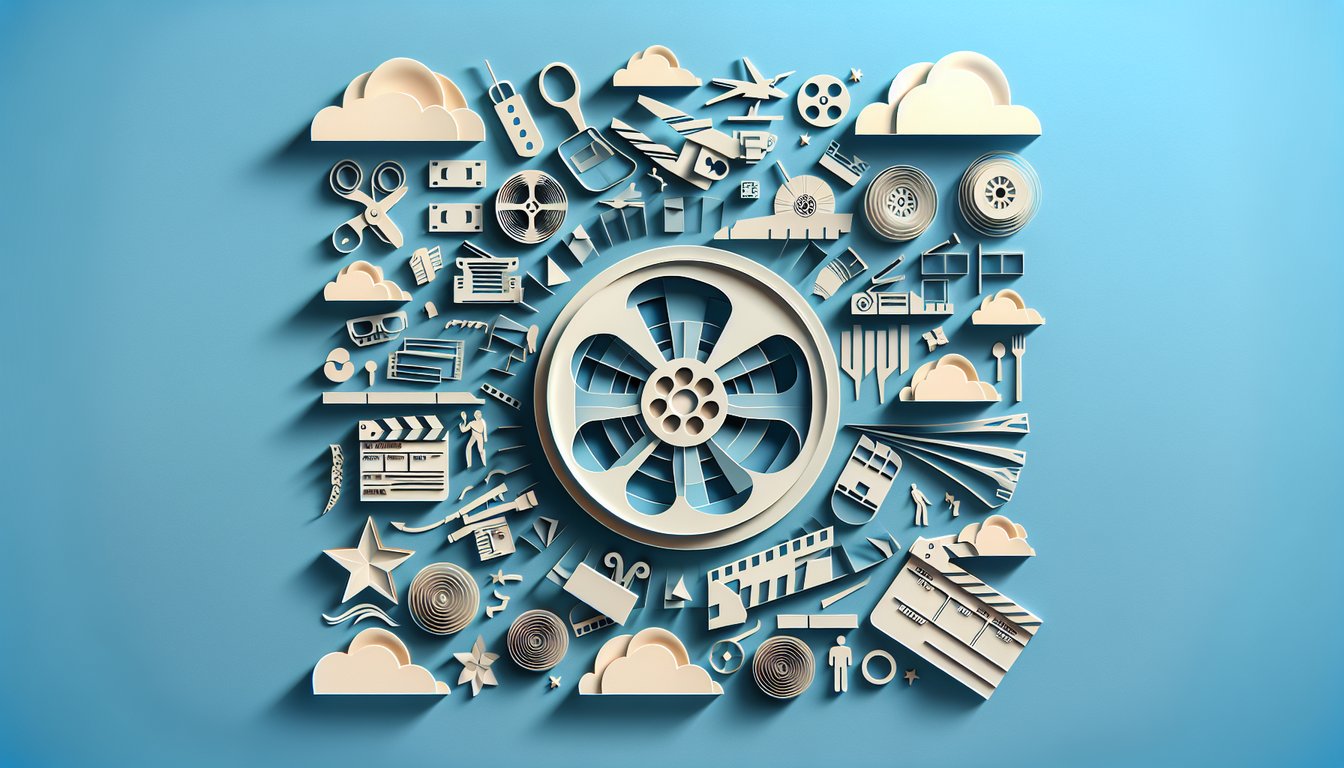 Paper-cut film reel clapboard camera gears question mark on sky blue background