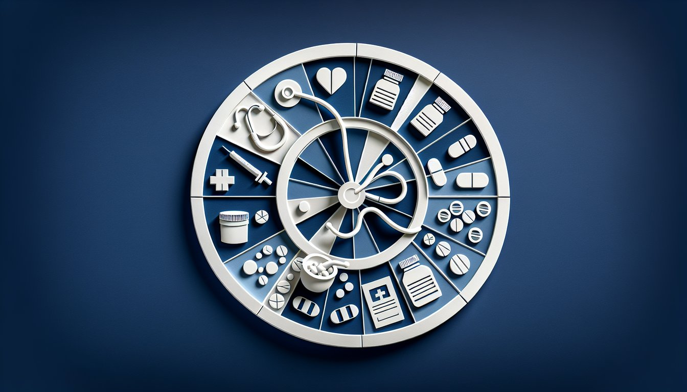 Paper art illustration of pharmacy technician exam quiz elements on dark blue background.