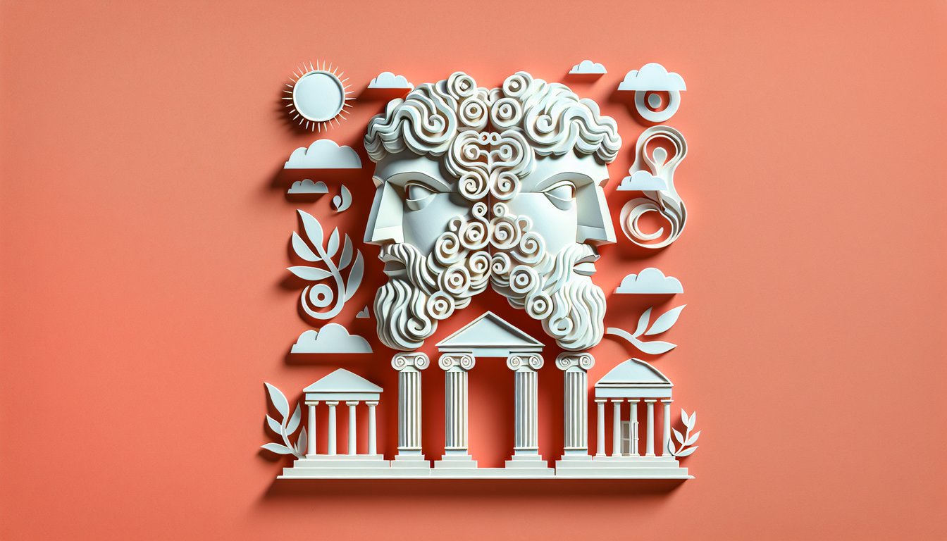 Paper-cut art of Janus, the Roman god with two faces, on a coral backdrop for a quiz challenge