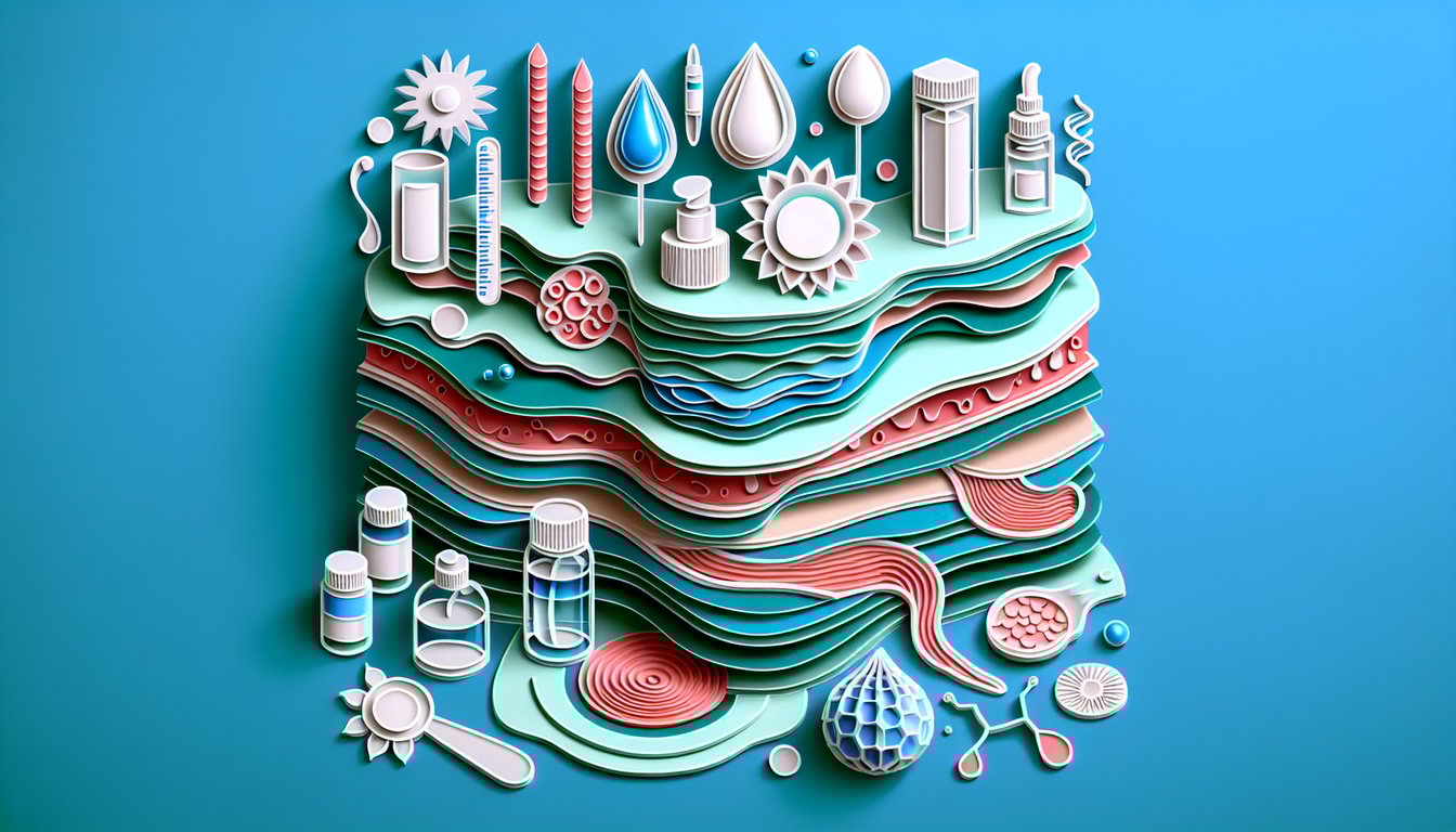 Paper cut illustration of skin cross section with layers hair follicle sweat glands and quiz heading on teal background
