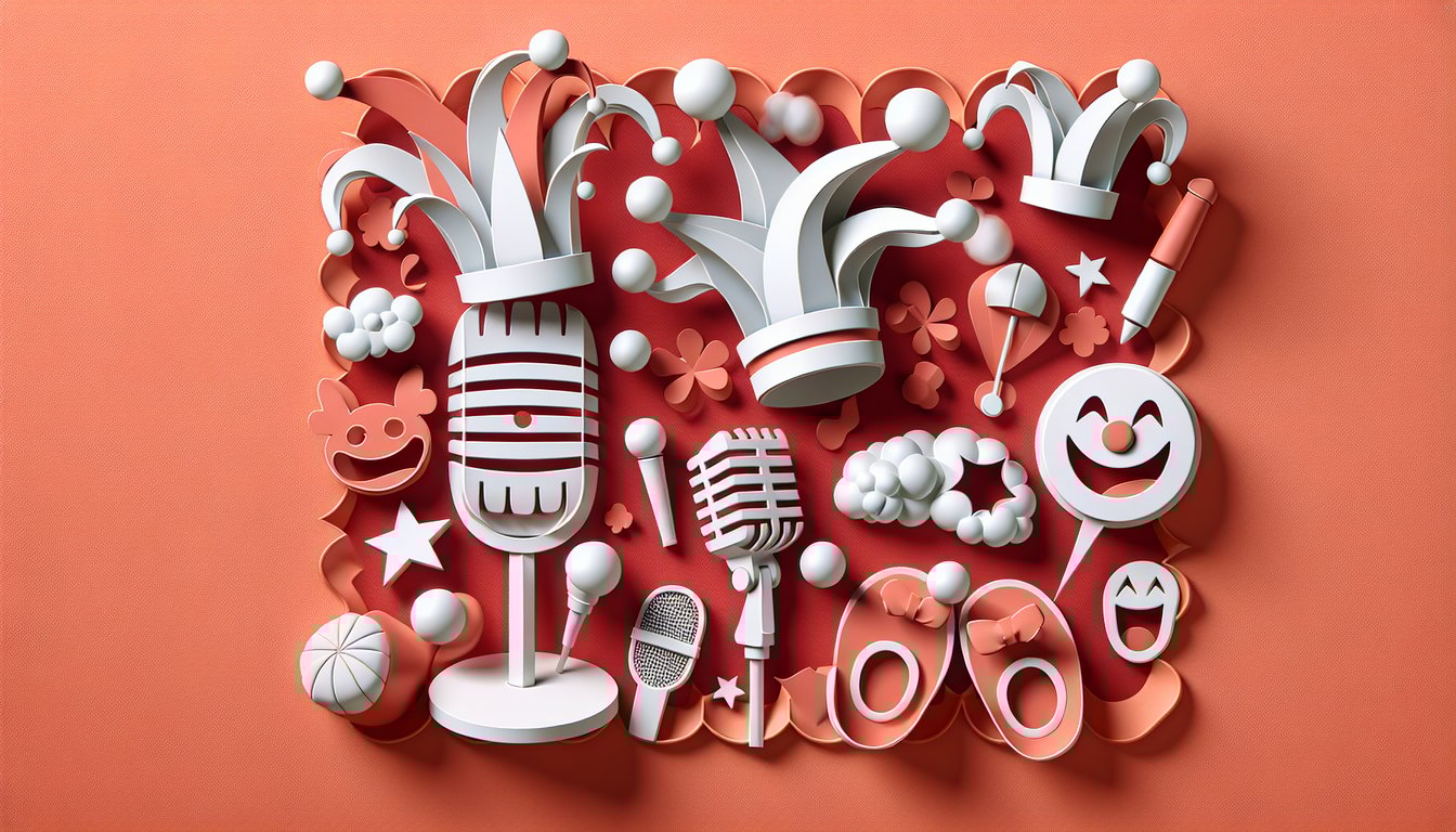 Paper art illustration for comedic flair quiz on a coral background