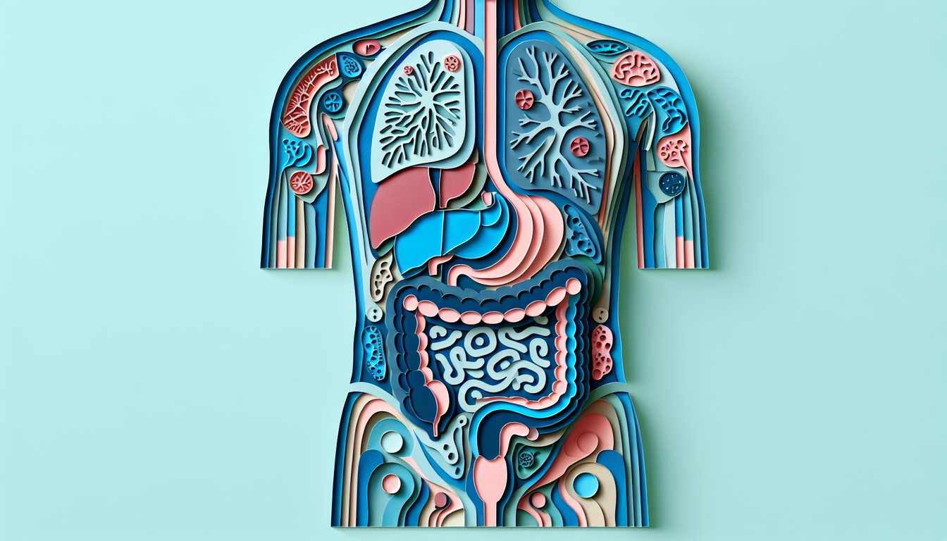Paper art organs arranged in nine abdominal quadrants on sky blue background quiz graphic