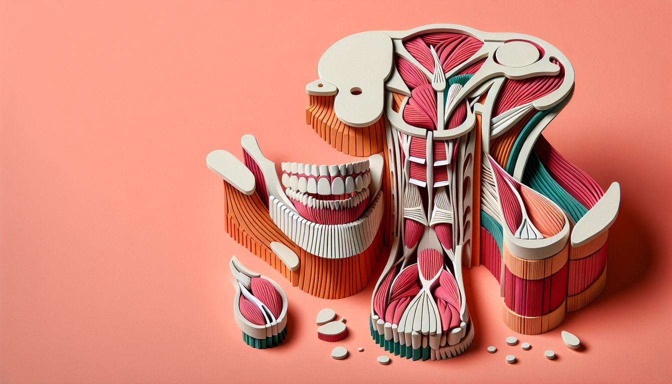 Paper art illustration of mandible and chewing muscles side view on coral background, mastication function quiz