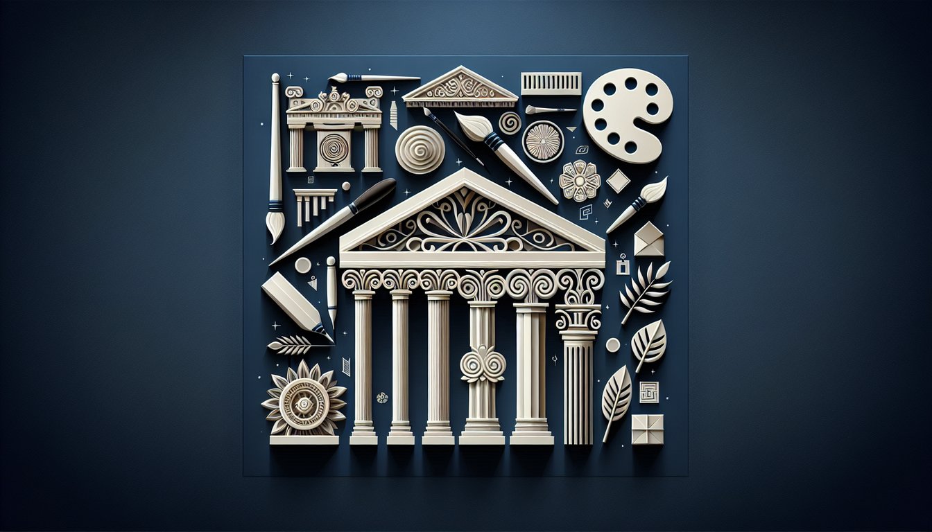 Paper art collage with paintbrush palette and art movement icons on dark blue background inviting art trivia challenge