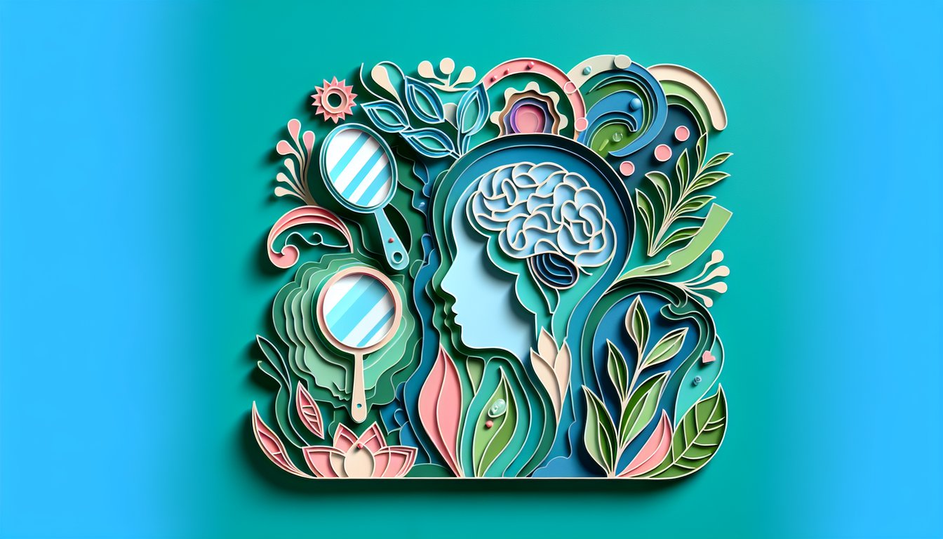 Paper art illustration with makeup brush, flower petals, abstract shapes on teal background for beauty personality quiz