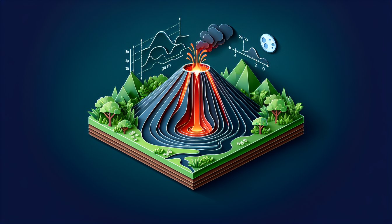 Paper art illustration of layered Kilauea volcano with quiz text on dark blue background