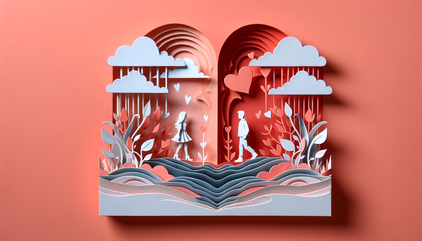 Paper art illustration for limerence test quiz on a coral background