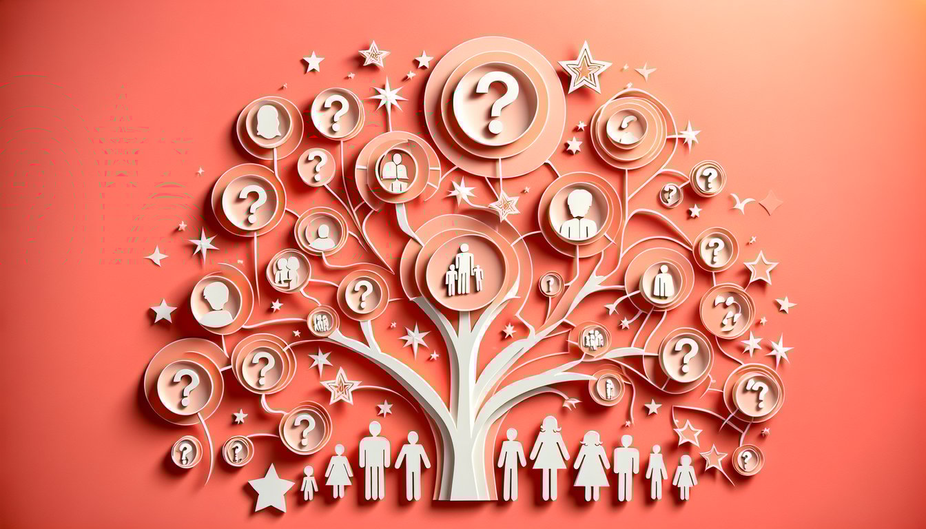 Paper art illustration for celebrity family tree quiz on a coral background