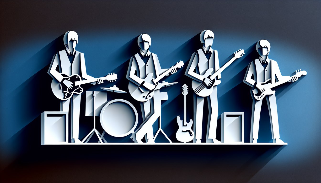 Paper art illustration for Beatles-themed quiz on a dark blue background
