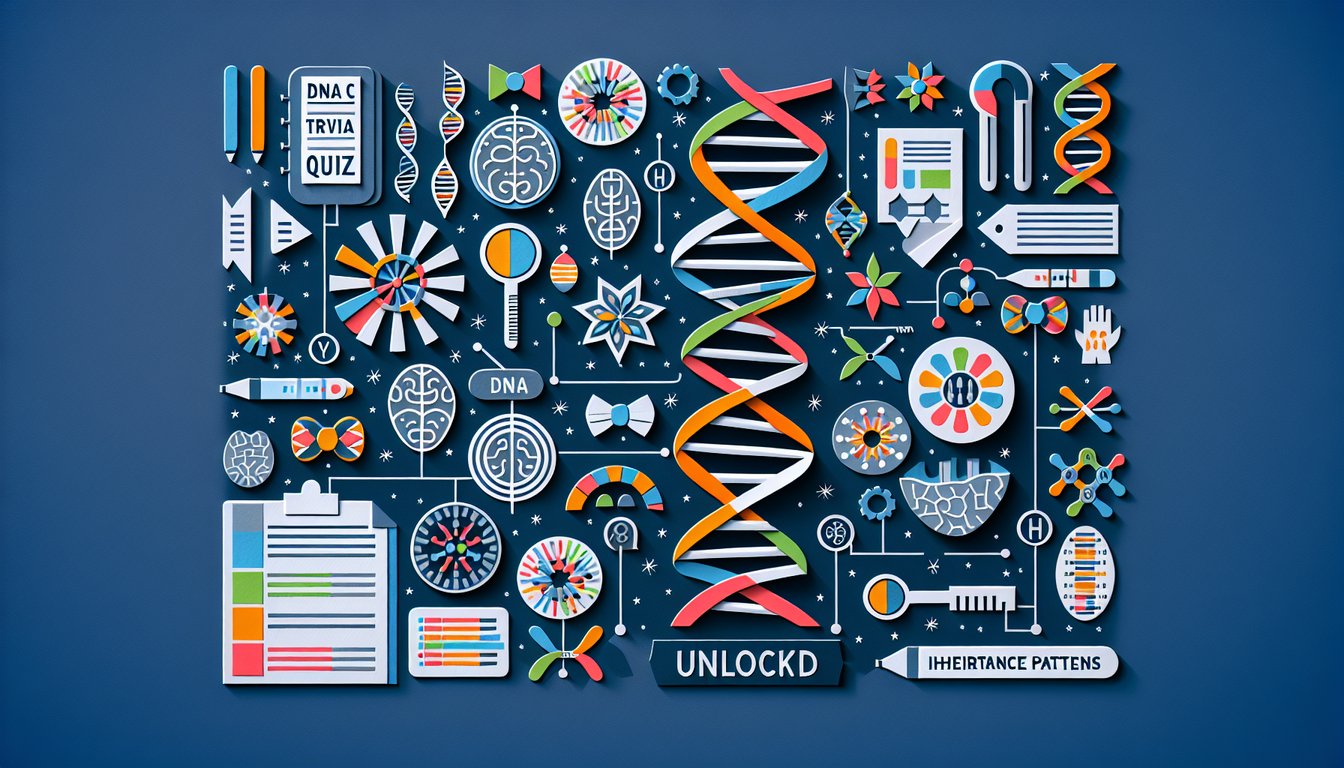 Colorful paper art promoting Inheritance Patterns Unlocked, a trivia quiz for high school biology students.