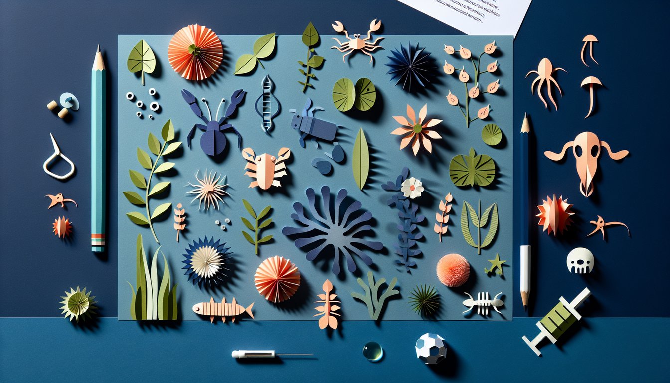 Paper art illustrating a biodiversity breakdown trivia quiz for high school students.