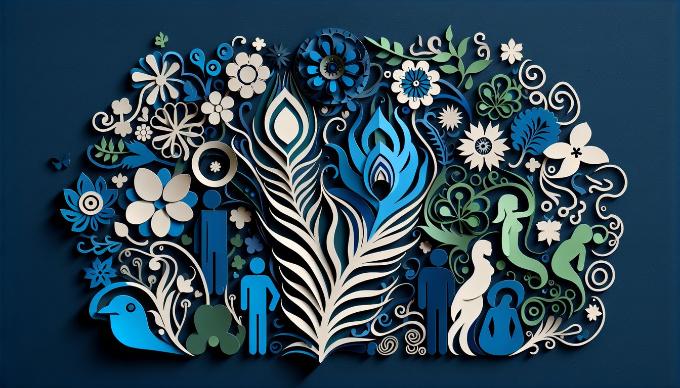 Paper art illustration for Are You Beautiful quiz on dark blue background with layered shapes and question marks.