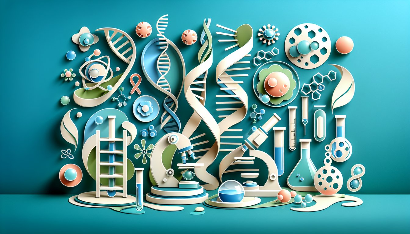 Paper art quiz illustration showing DNA helix, microscope, pipette and historical biotechnology icons on teal background