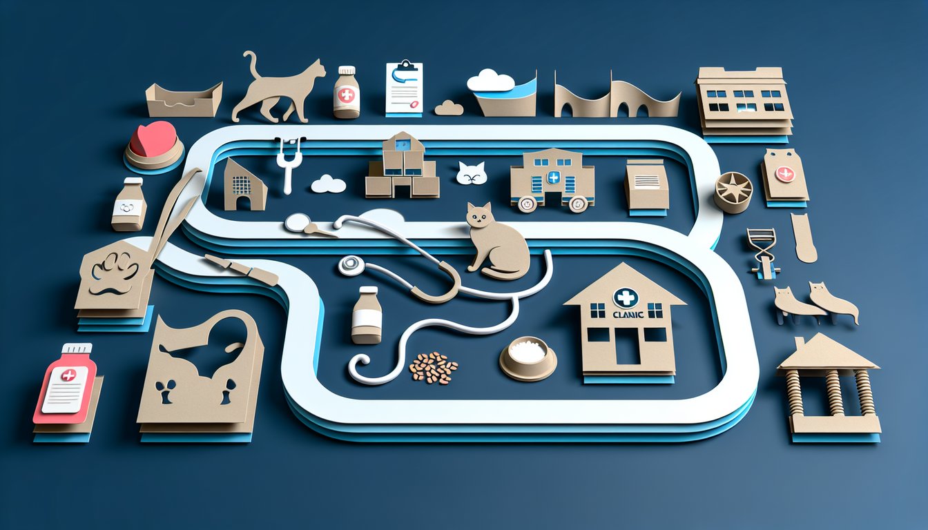 Paper art illustration for cat health risk assessment quiz on dark blue background