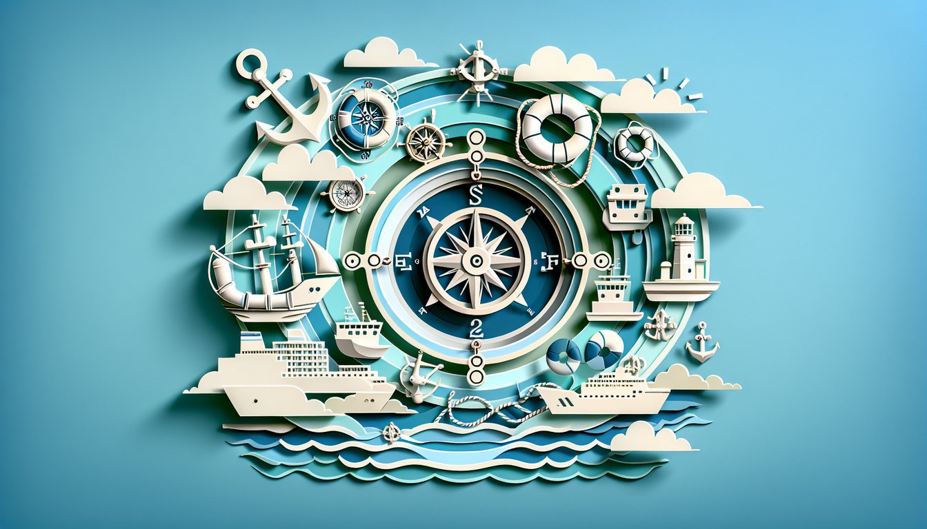 Paper art illustration ship compass lifebuoy quiz elements maritime navigation safety seamanship on sky blue background