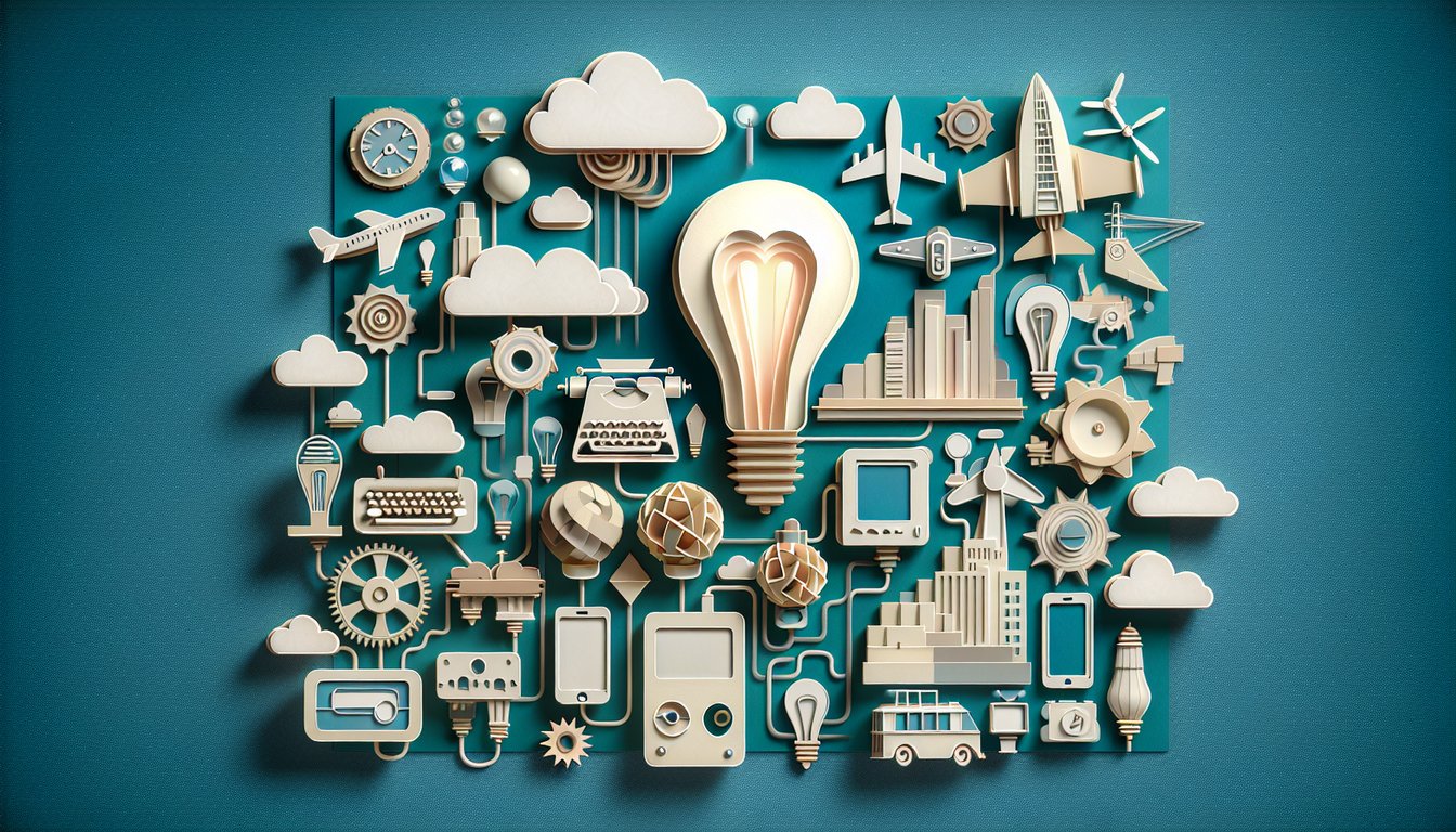 Paper art collage of US innovation icons lightbulb telephone airplane on teal background for quiz on American inventions