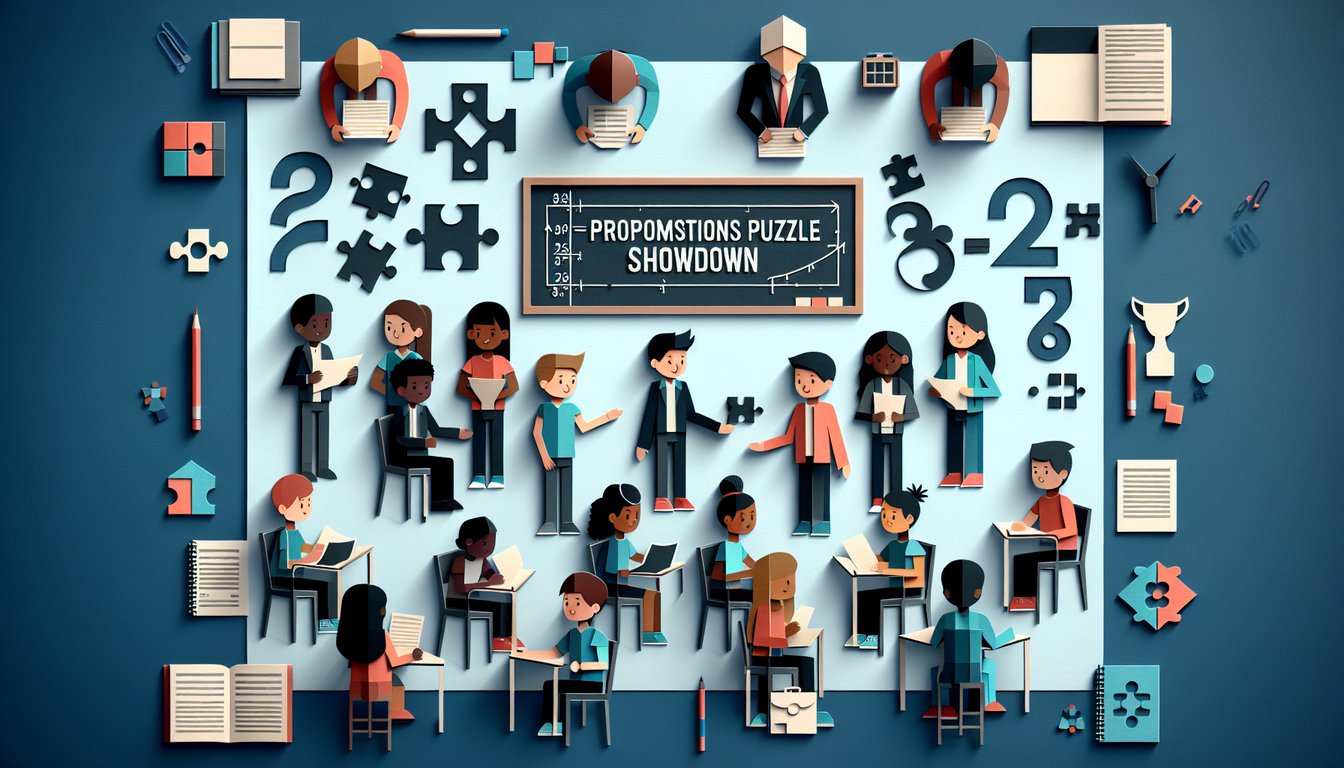 Paper art depicting a trivia quiz for middle school students on mathematical proportions.