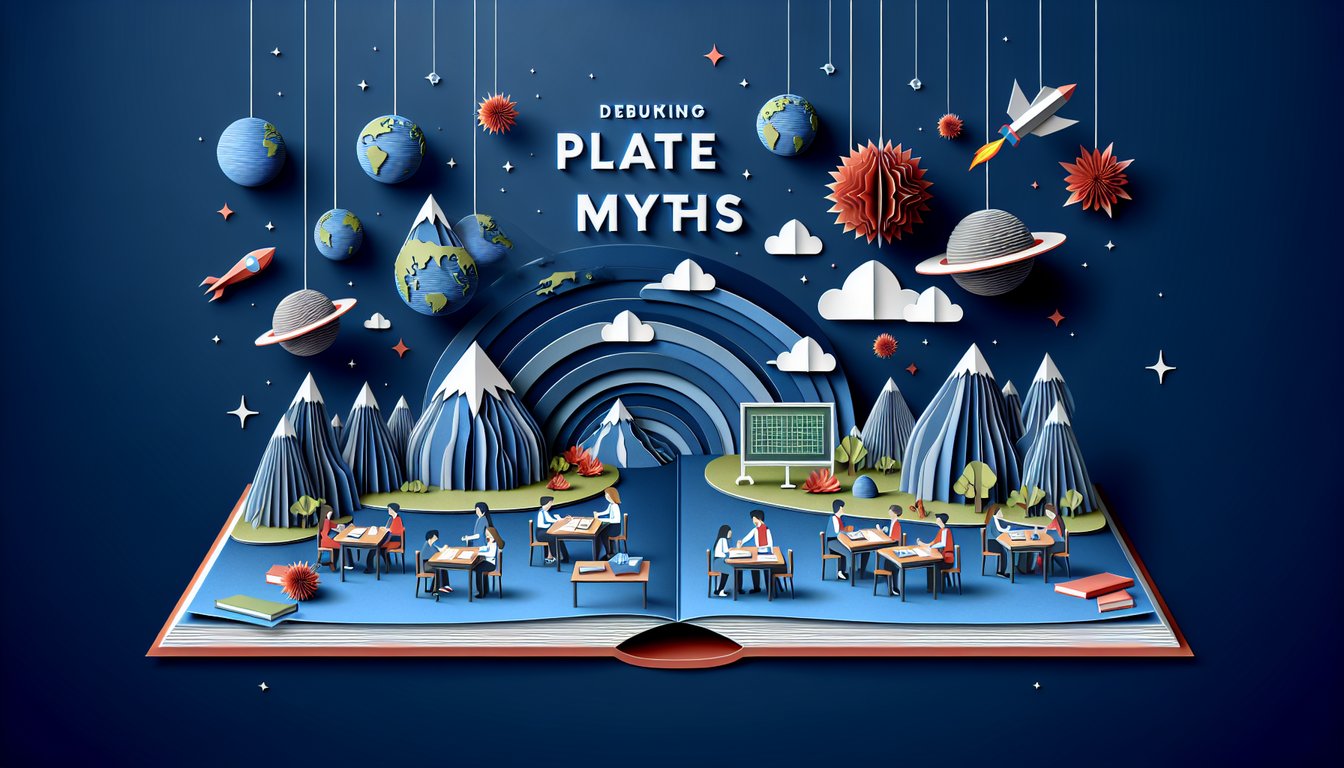 Colorful paper art promoting Debunking Plate Myths quiz for Earth Science students.